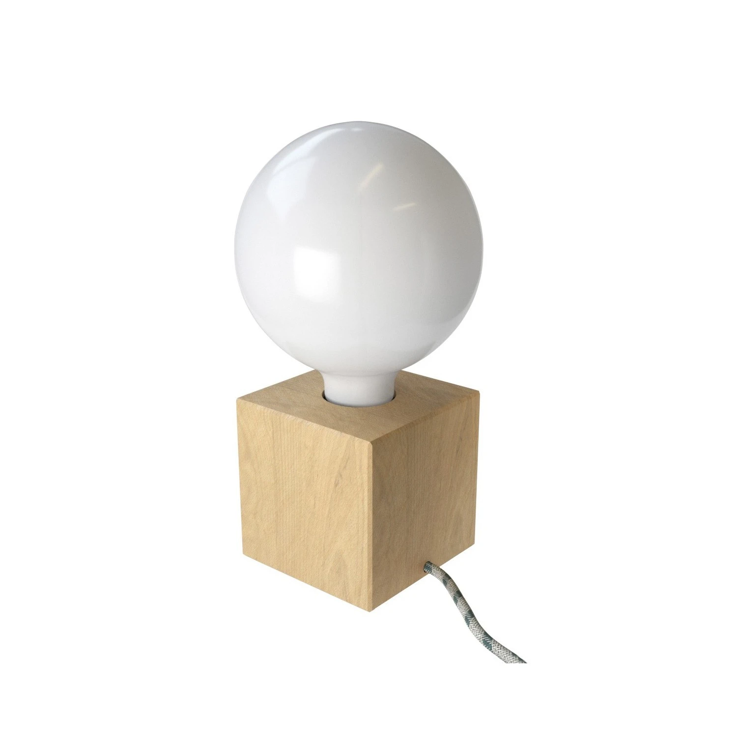 Posaluce Cubetto, our table lamp in wood complete with fabric cable, switch and UK plug