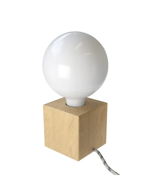 Posaluce Cubetto, our table lamp in wood complete with fabric cable, switch and UK plug