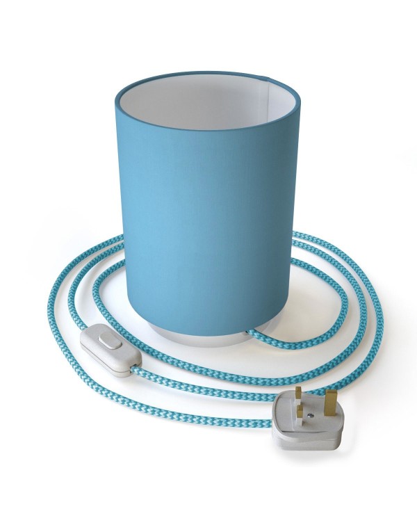 Posaluce in metal with Sky Blue Cilindro lampshade, complete with fabric cable, switch and UK plug