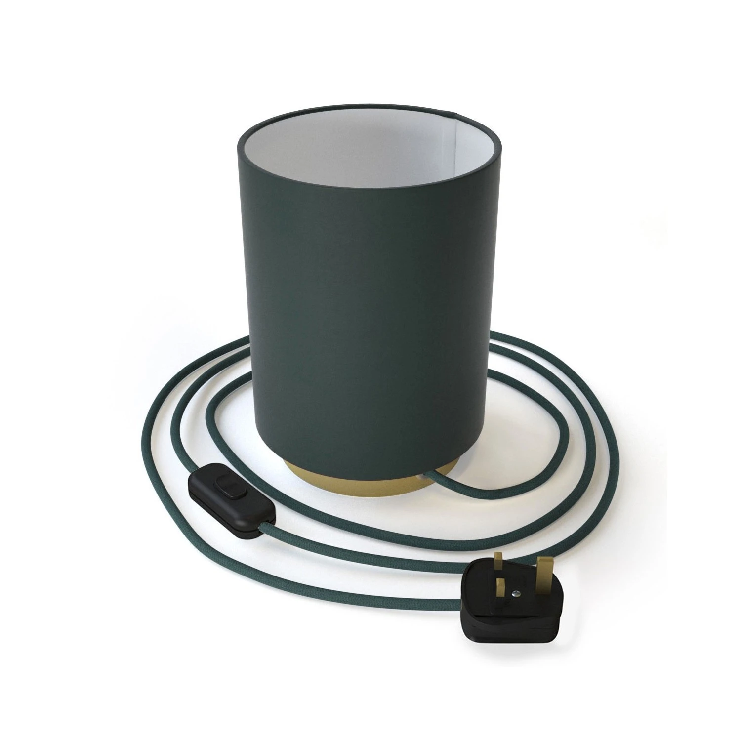 Posaluce in metal with Petrol Blue Cinette Cilindro lampshade, complete with fabric cable, switch and UK plug