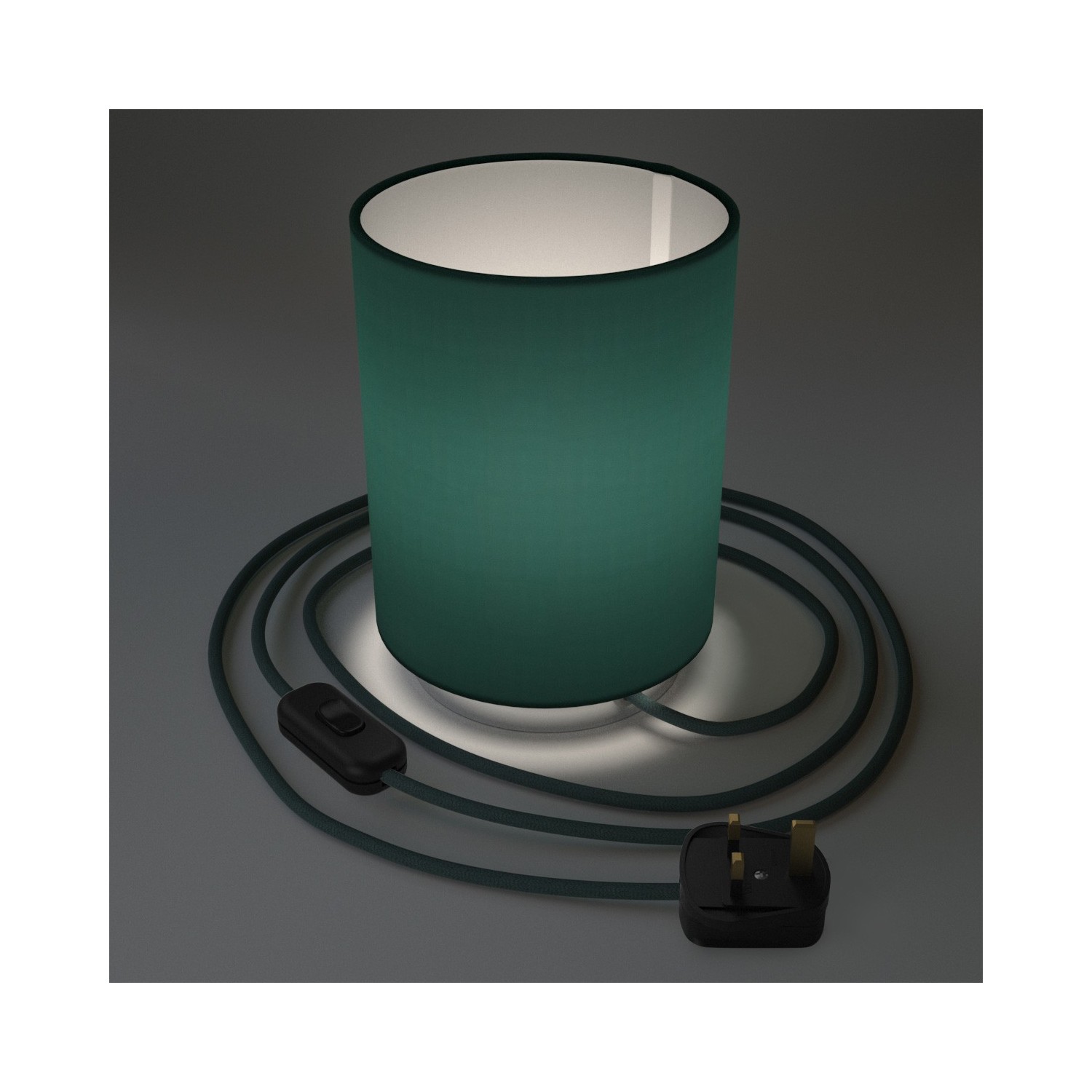 Posaluce in metal with Petrol Blue Cinette Cilindro lampshade, complete with fabric cable, switch and UK plug