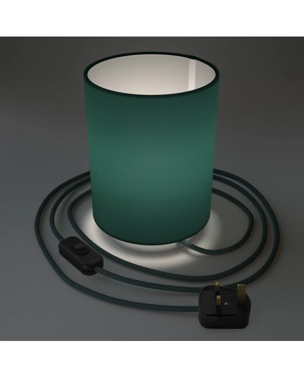 Posaluce in metal with Petrol Blue Cinette Cilindro lampshade, complete with fabric cable, switch and UK plug