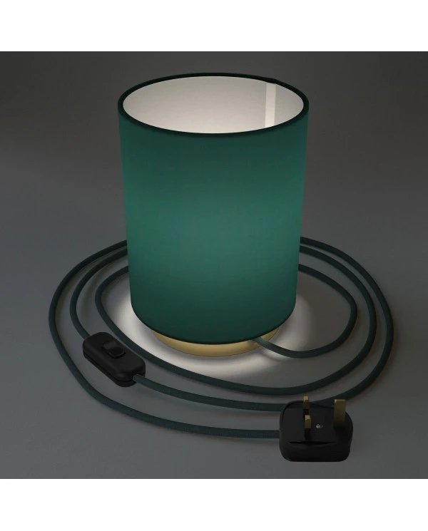 Posaluce in metal with Petrol Blue Cinette Cilindro lampshade, complete with fabric cable, switch and UK plug