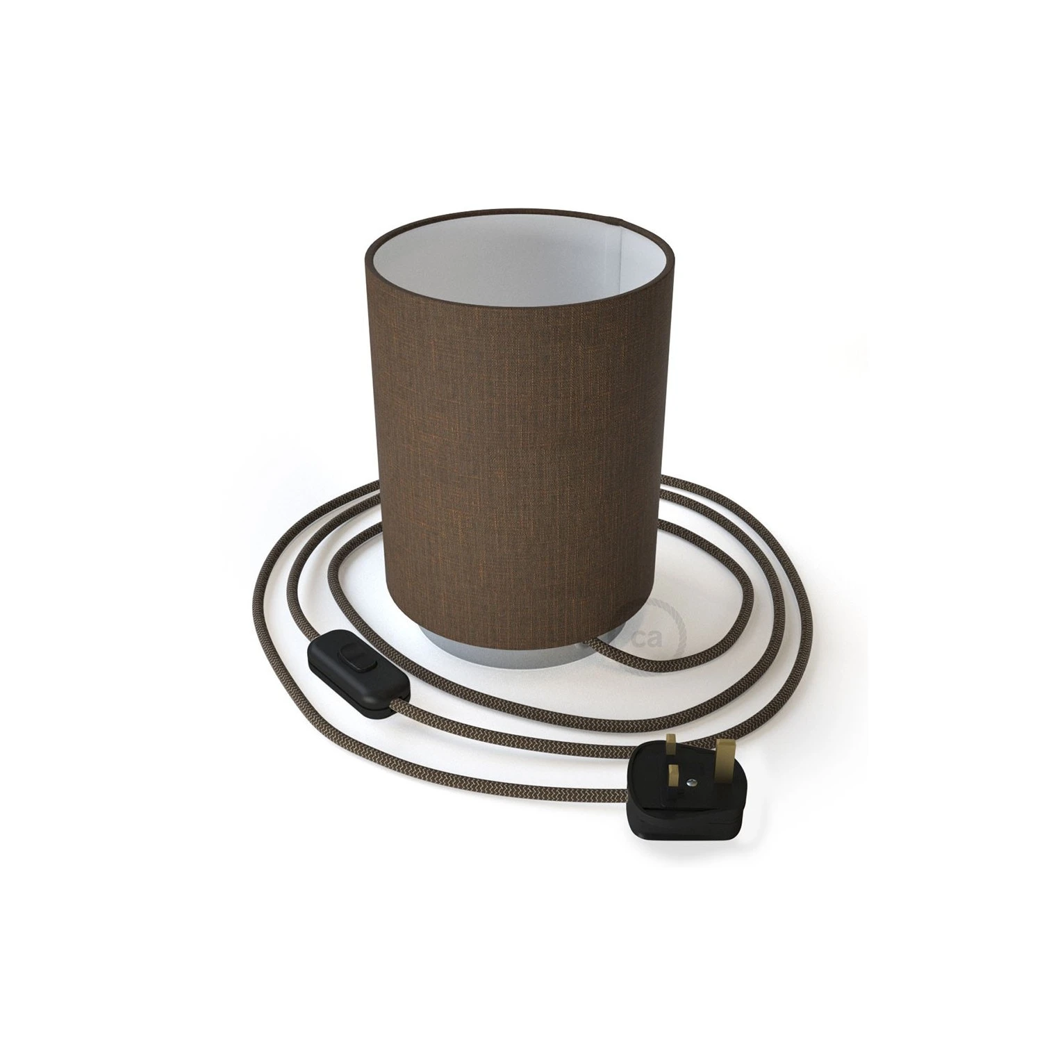 Posaluce in metal with Brown Camelot Cilindro lampshade, complete with fabric cable, switch and UK plug