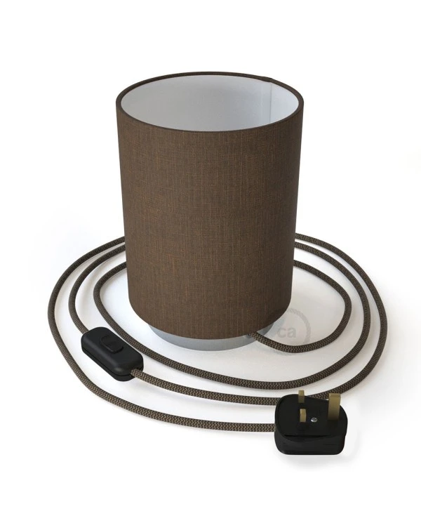 Posaluce in metal with Brown Camelot Cilindro lampshade, complete with fabric cable, switch and UK plug