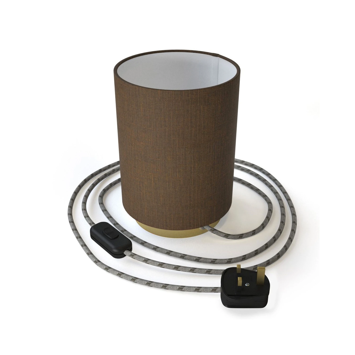 Posaluce in metal with Brown Camelot Cilindro lampshade, complete with fabric cable, switch and UK plug