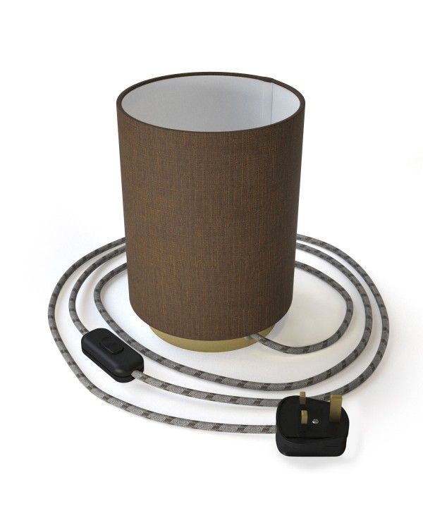 Posaluce in metal with Brown Camelot Cilindro lampshade, complete with fabric cable, switch and UK plug