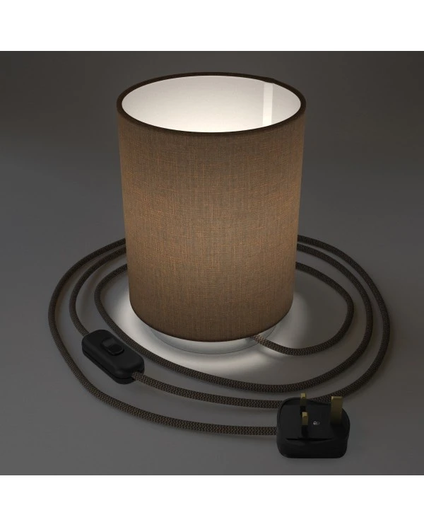 Posaluce in metal with Brown Camelot Cilindro lampshade, complete with fabric cable, switch and UK plug