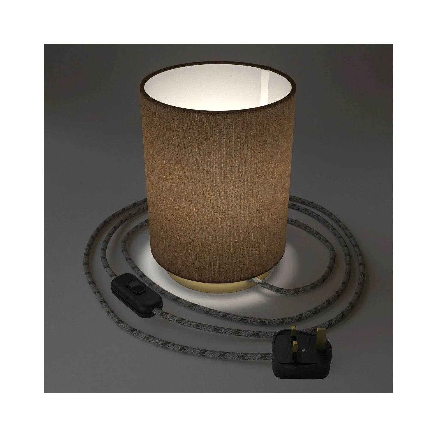 Posaluce in metal with Brown Camelot Cilindro lampshade, complete with fabric cable, switch and UK plug