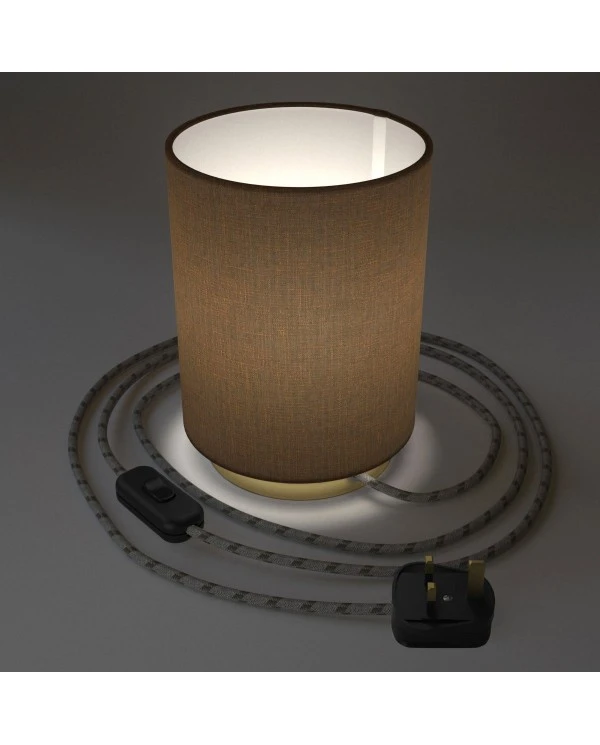 Posaluce in metal with Brown Camelot Cilindro lampshade, complete with fabric cable, switch and UK plug