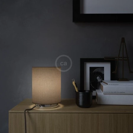 Posaluce in metal with Brown Camelot Cilindro lampshade, complete with fabric cable, switch and UK plug