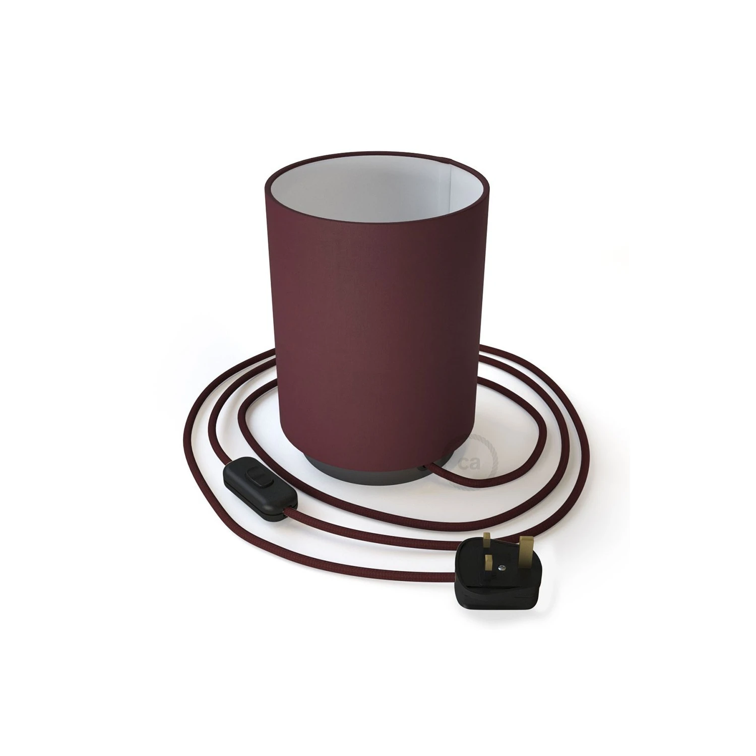 Posaluce in metal with Burgundy Canvas Cilindro lampshade, complete with fabric cable, switch and UK plug