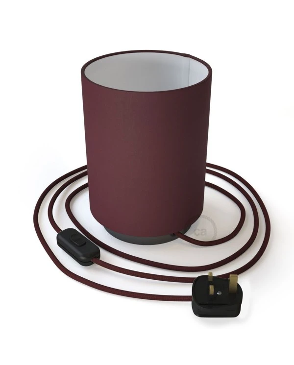 Posaluce in metal with Burgundy Canvas Cilindro lampshade, complete with fabric cable, switch and UK plug