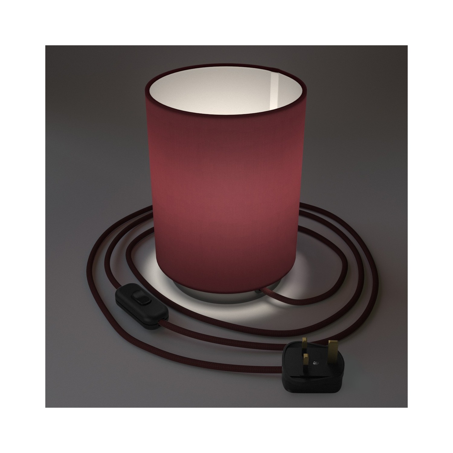 Posaluce in metal with Burgundy Canvas Cilindro lampshade, complete with fabric cable, switch and UK plug