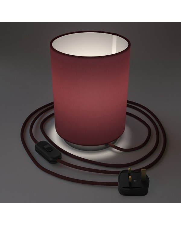 Posaluce in metal with Burgundy Canvas Cilindro lampshade, complete with fabric cable, switch and UK plug