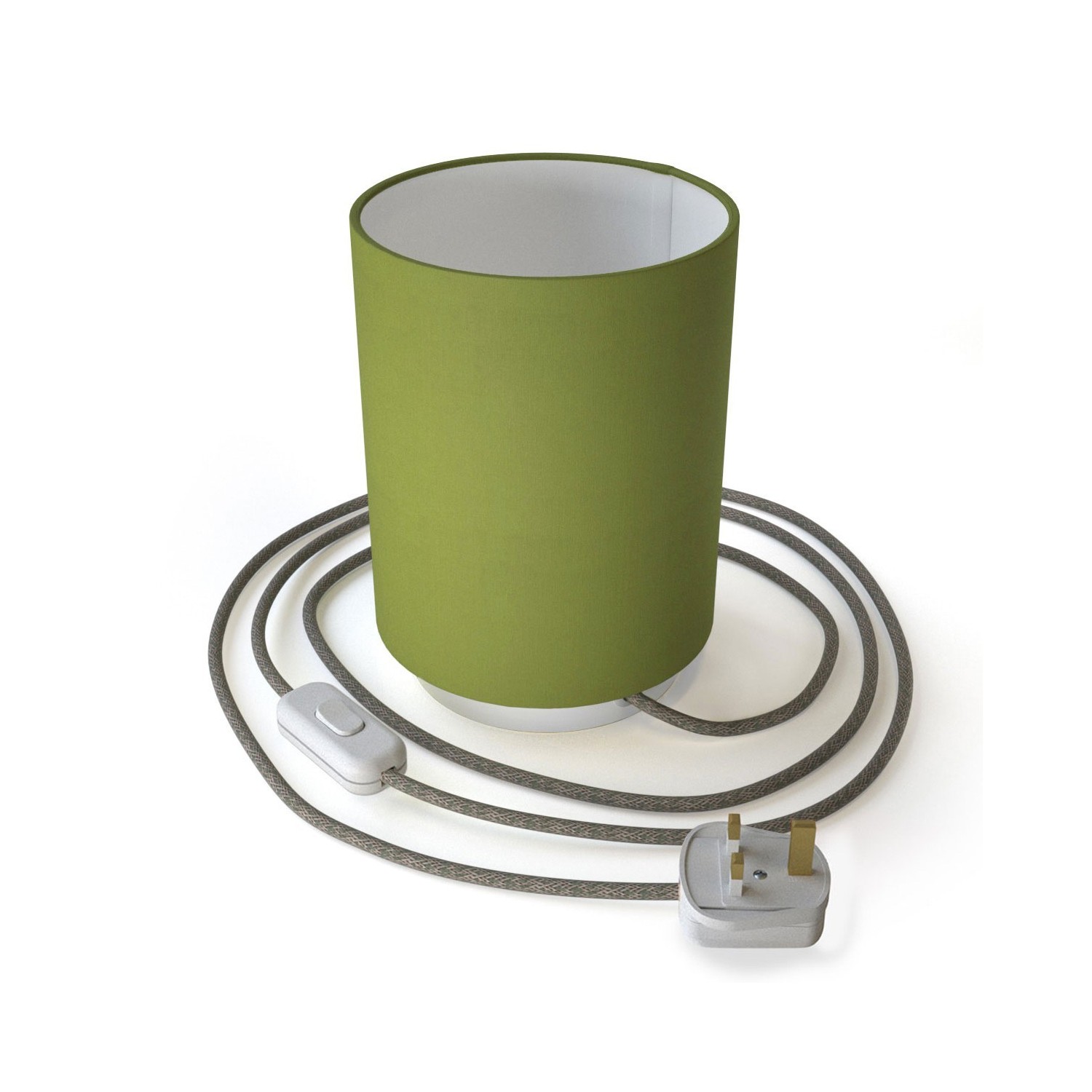 Posaluce in metal with Olive Green Canvas Cilindro lampshade, complete with fabric cable, switch and UK plug