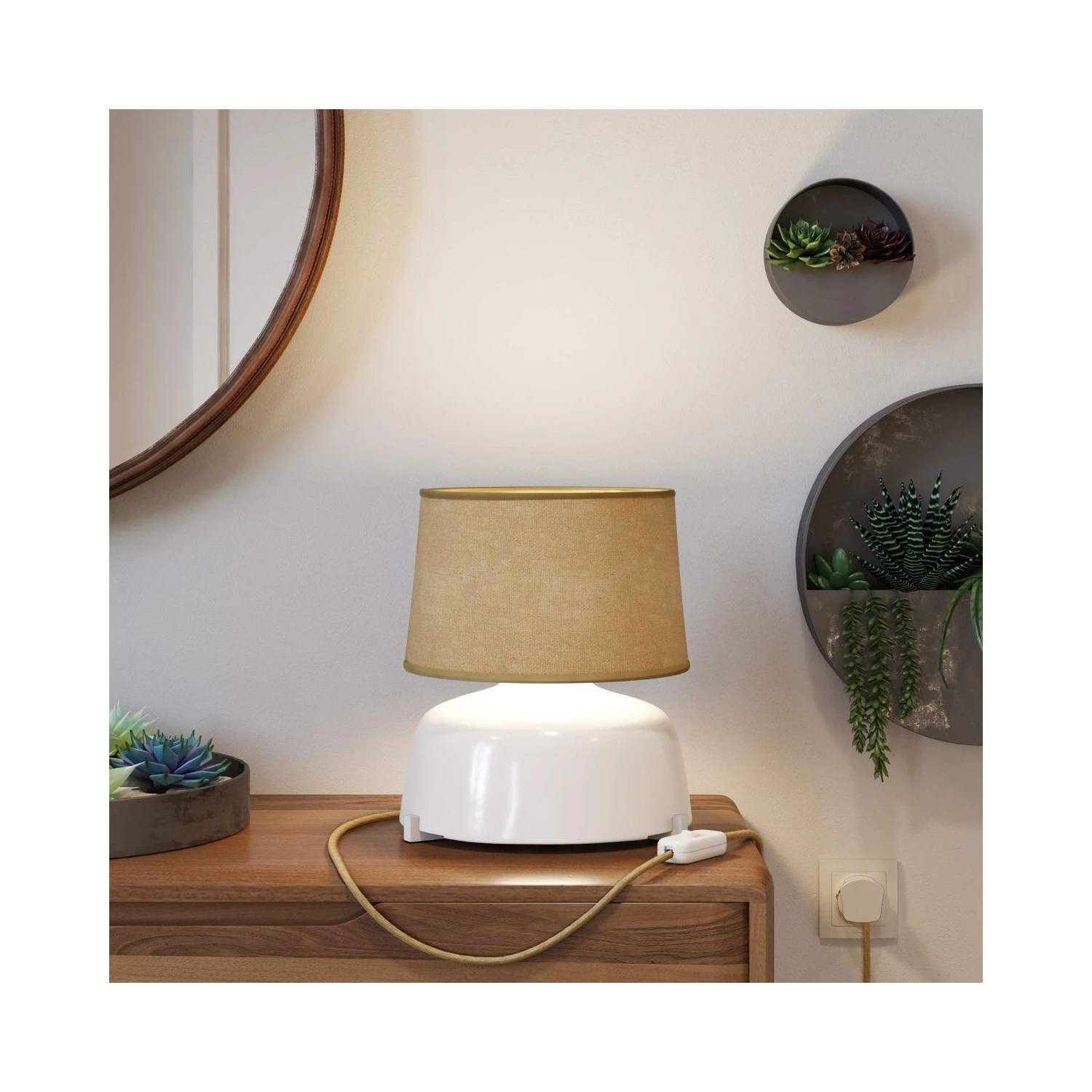 Coppa ceramic table lamp with Athena shade, complete with textile cable, switch and UK plug