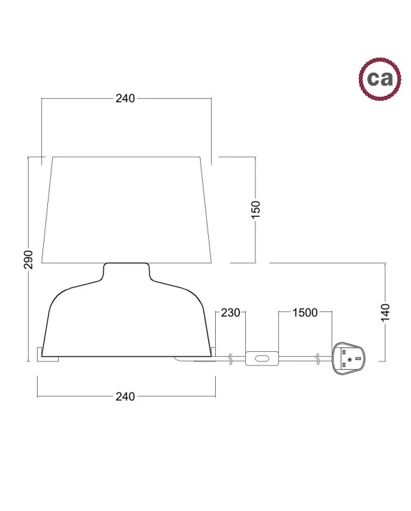 Coppa ceramic table lamp with Athena shade, complete with textile cable, switch and UK plug