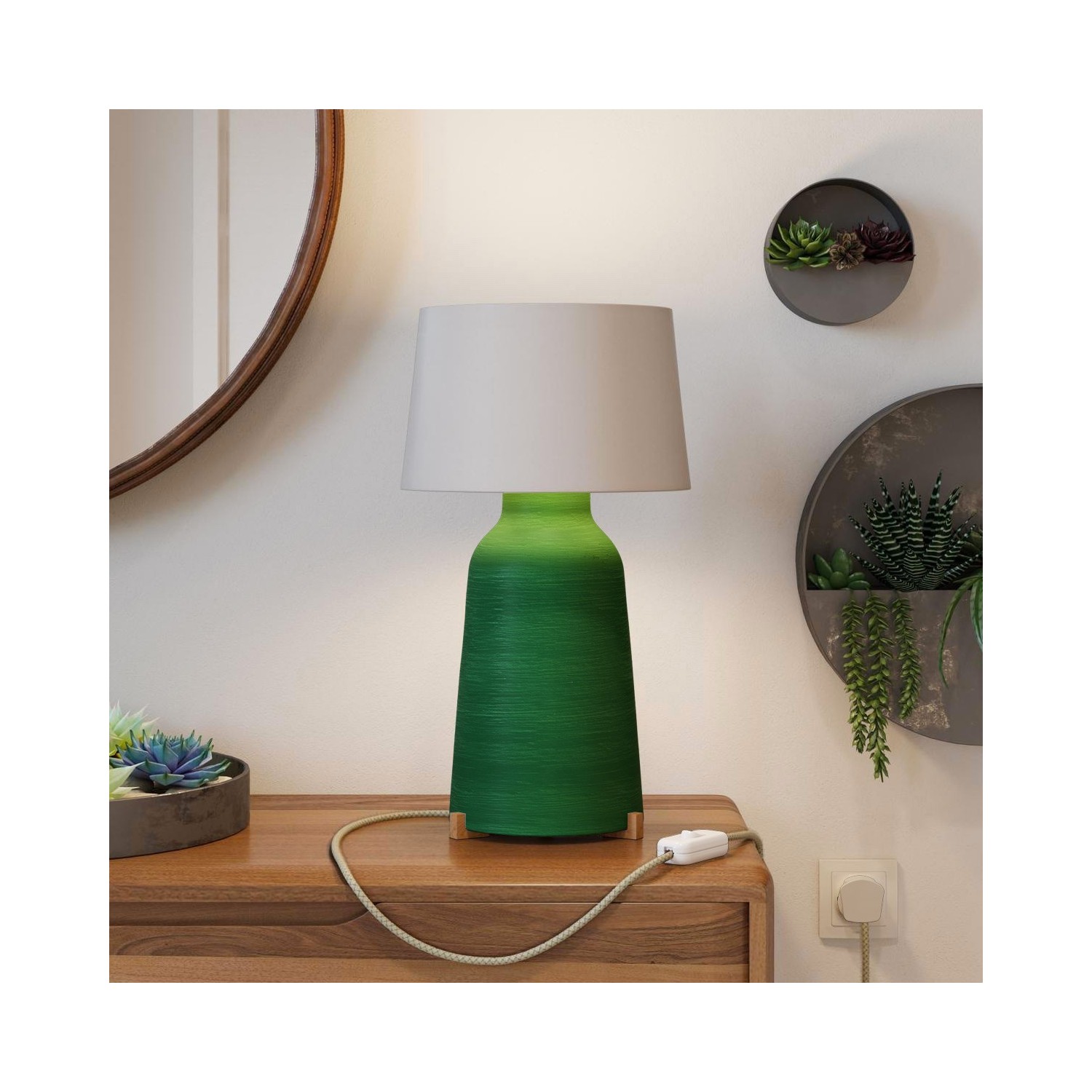 Bottiglia ceramic table lamp with Athena lampshade, complete with textile cable, switch and UK plug