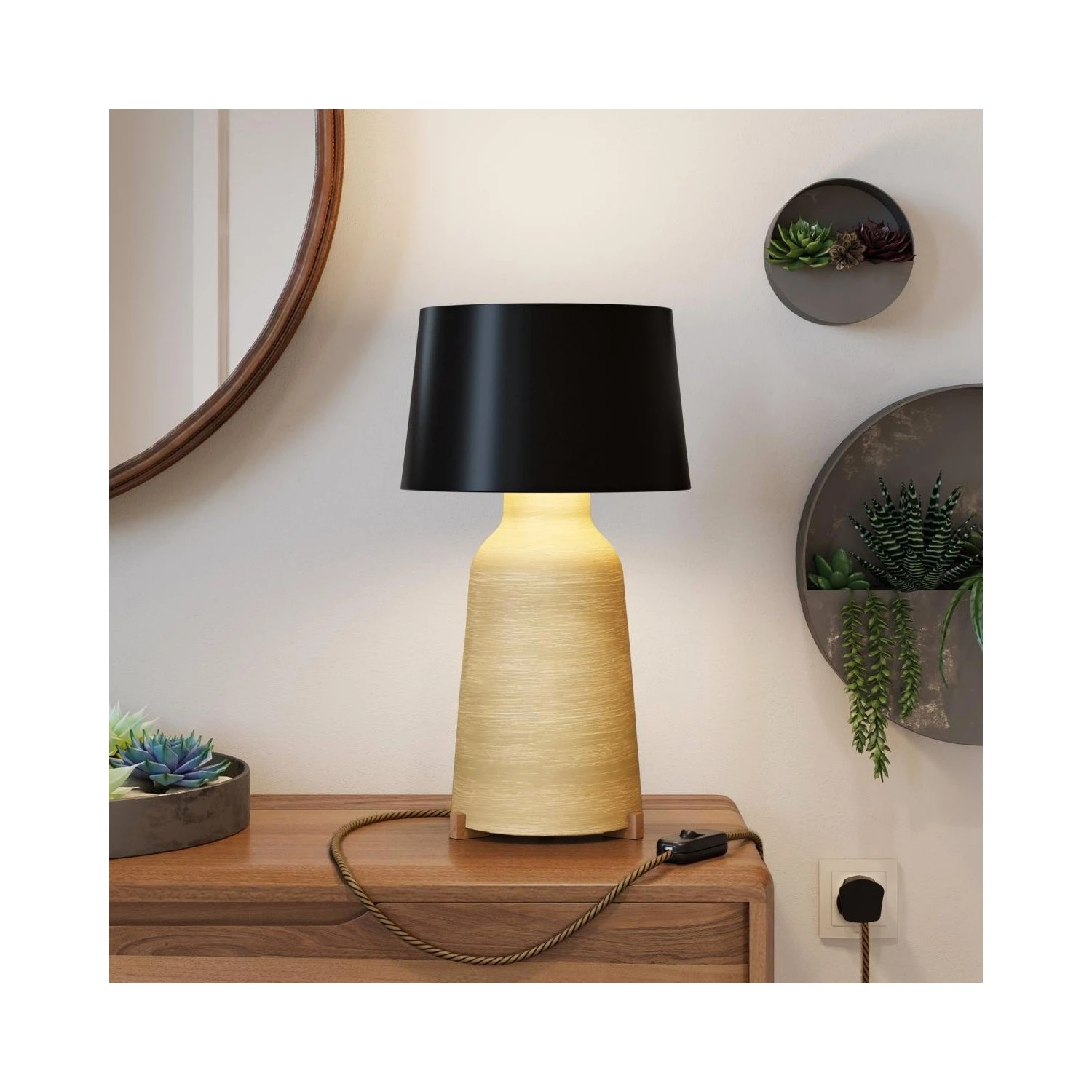 Bottiglia ceramic table lamp with Athena lampshade, complete with textile cable, switch and UK plug