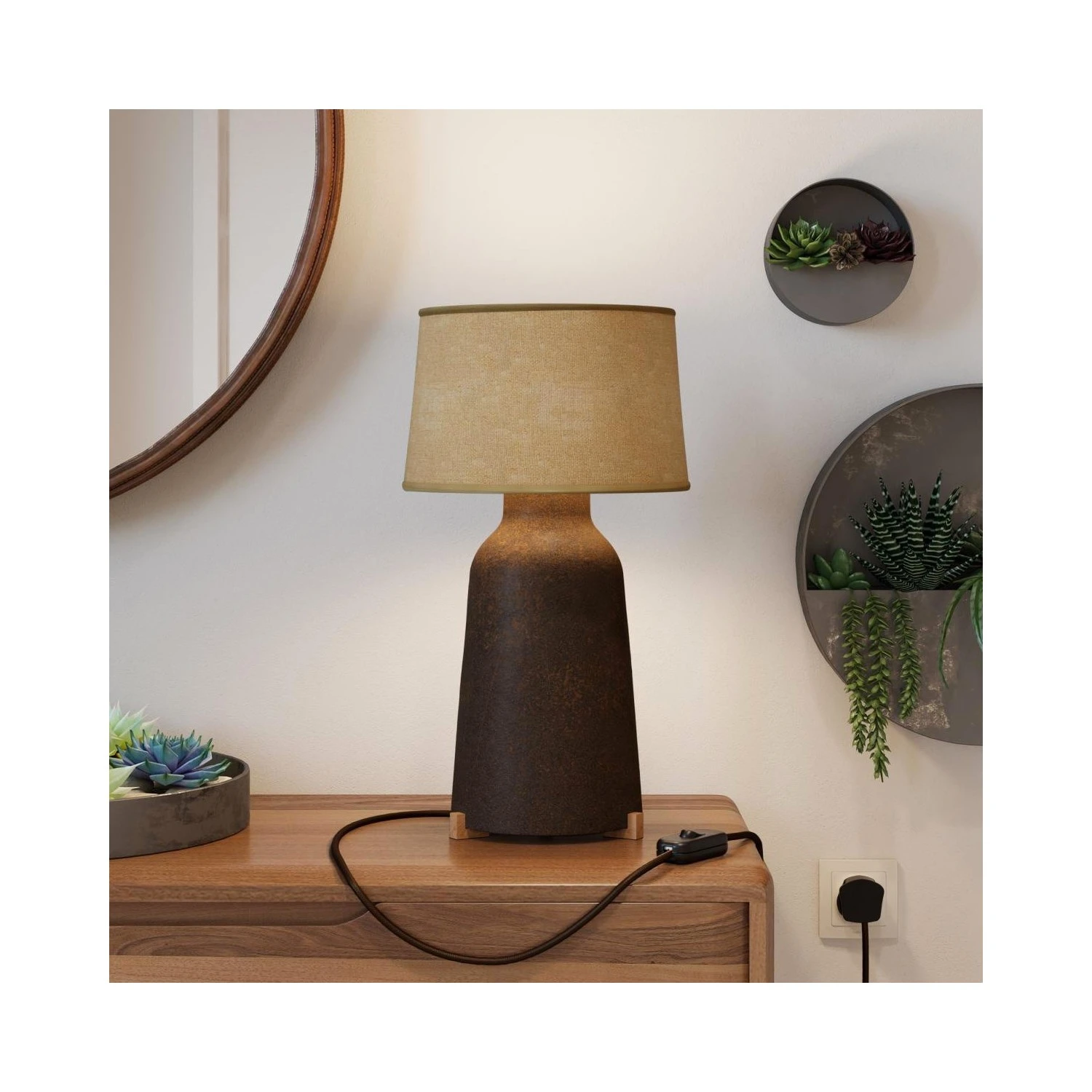 Bottiglia ceramic table lamp with Athena lampshade, complete with textile cable, switch and UK plug