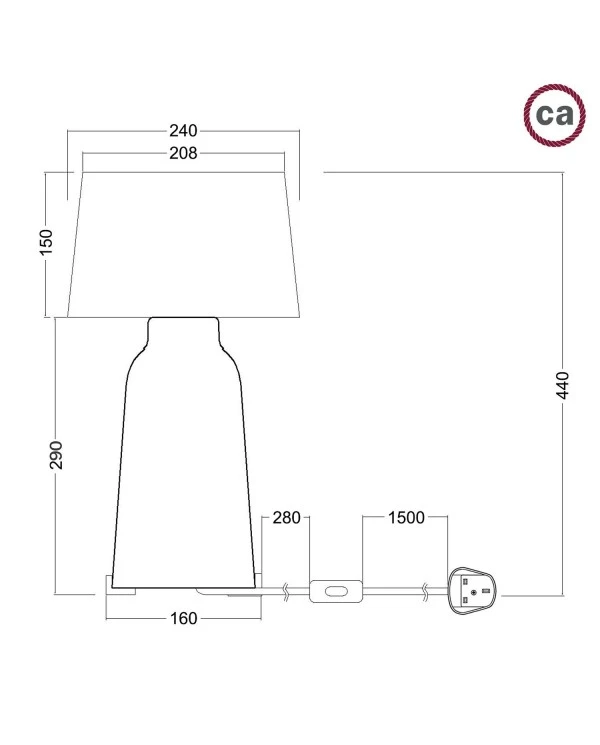 Bottiglia ceramic table lamp with Athena lampshade, complete with textile cable, switch and UK plug