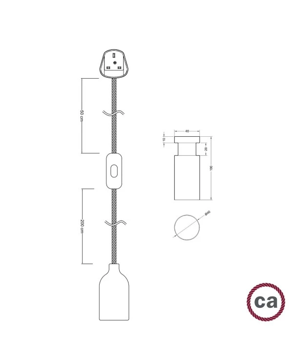 Snake, wiring with wooden lamp holder, UK plug and switch complete with Rolé wooden cable clip
