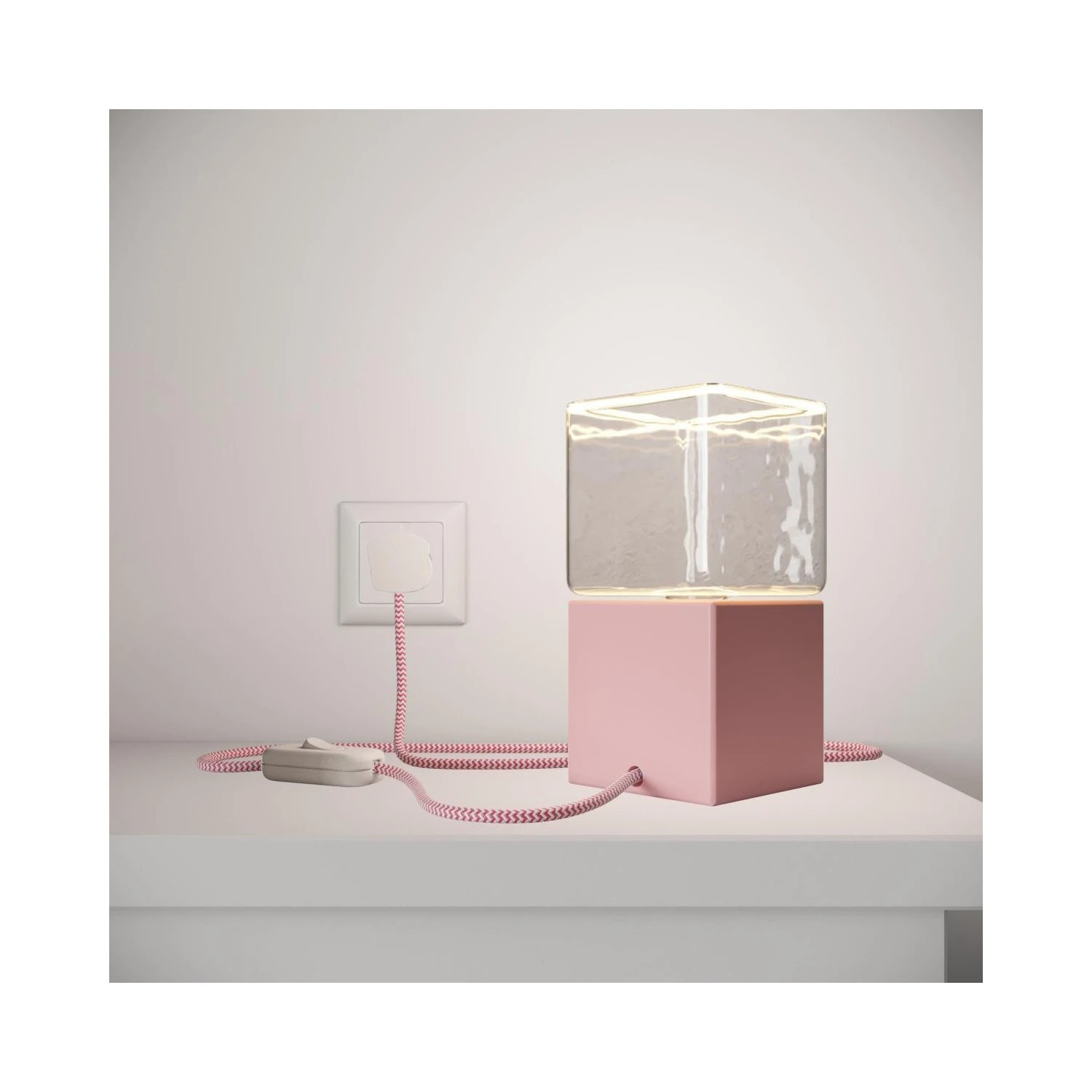 Posaluce Cubetto Color, painted wooden table lamp complete with textile cable, switch and UK plug