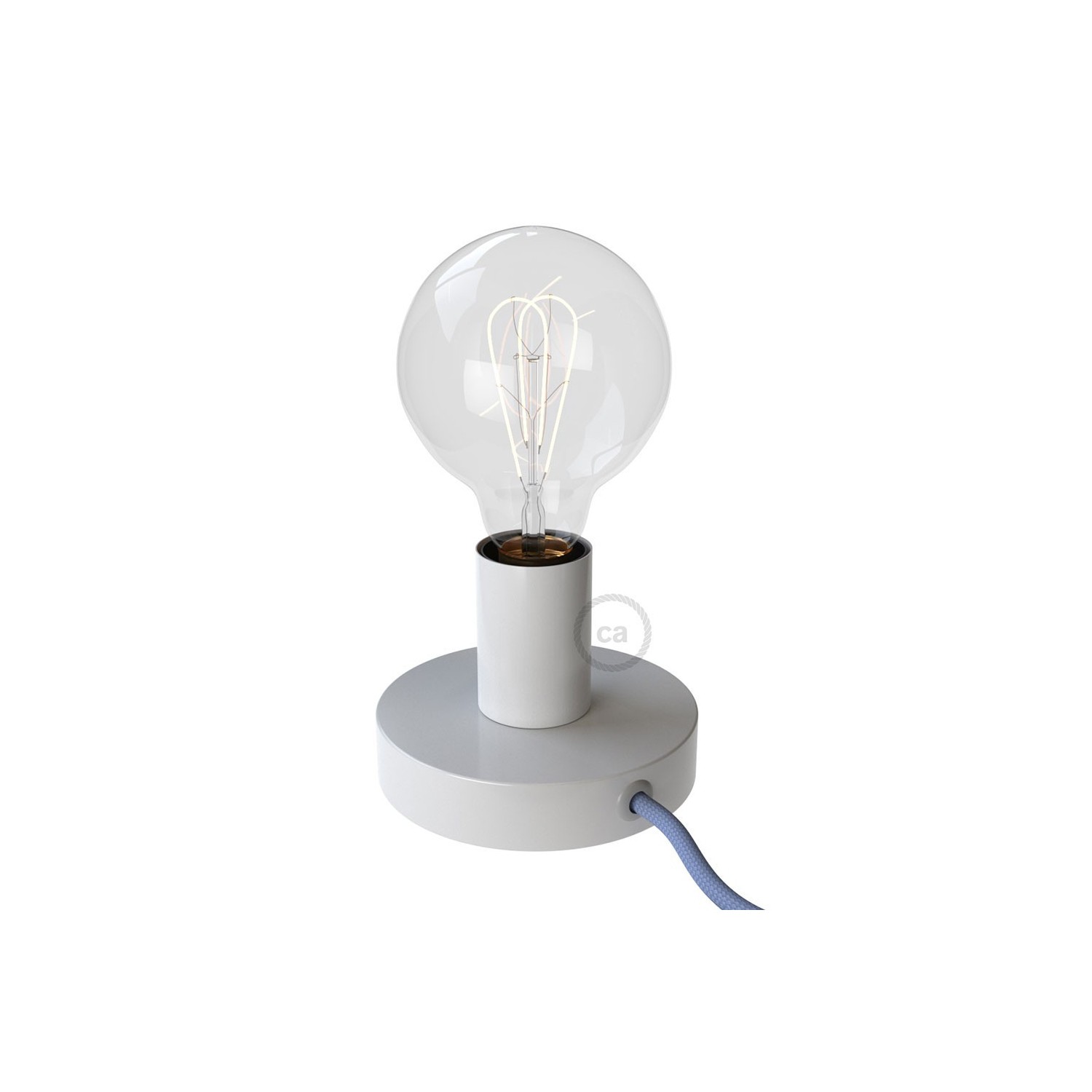 Posaluce, the white metal table lamp, with textile cable, in-line switch and english plug
