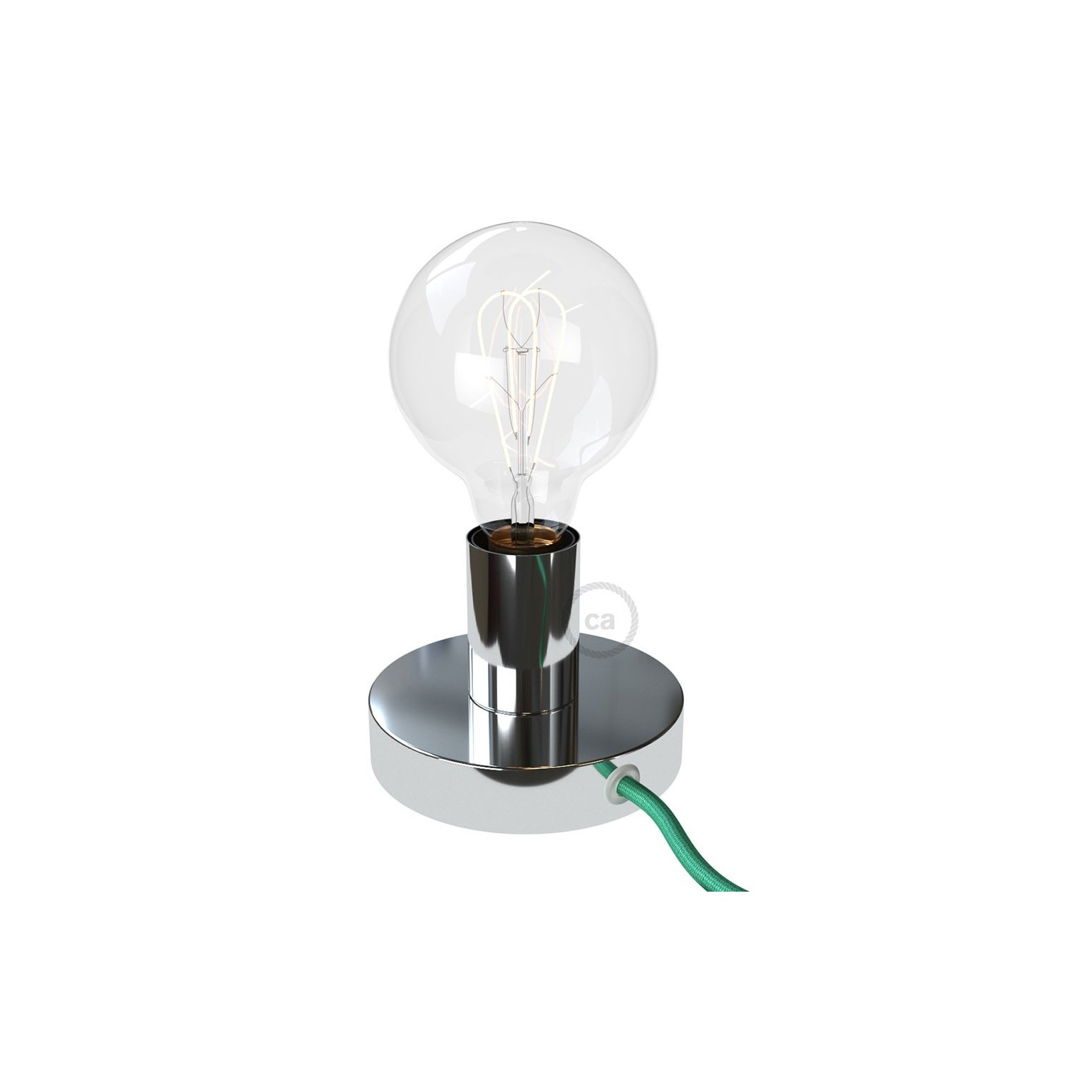 Posaluce, the chrome metal table lamp, with textile cable, in-line switch and english plug
