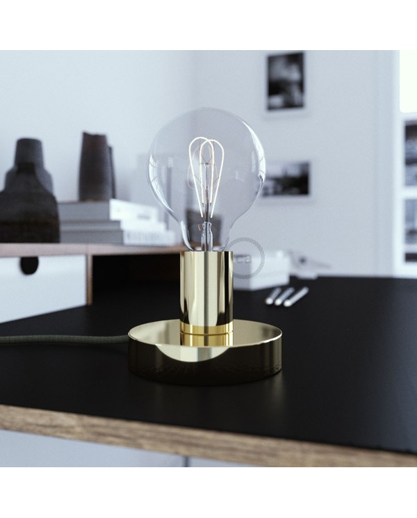 Posaluce, the brass metal table lamp, with textile cable, in-line switch and english plug