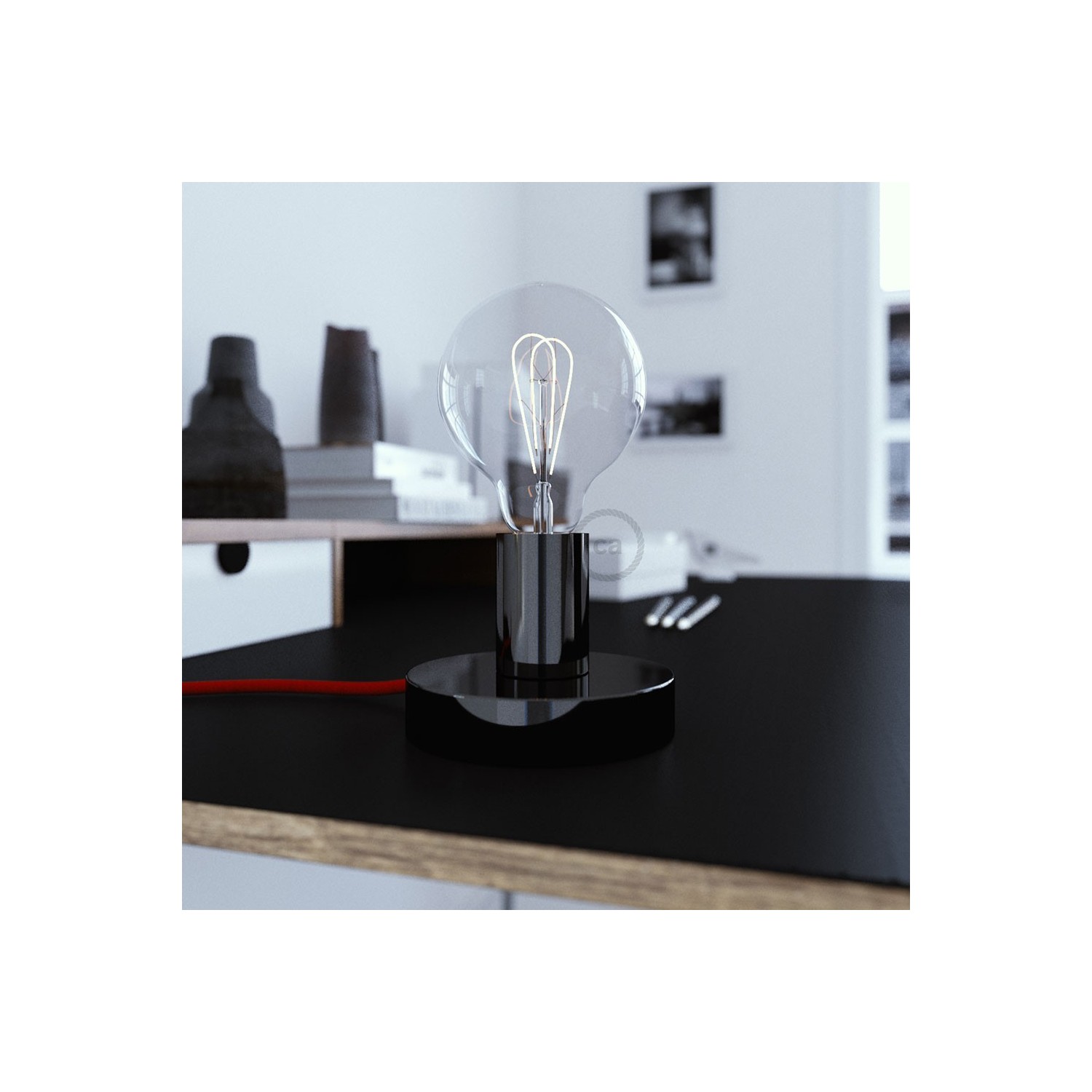 Posaluce, the black pearl metal table lamp, with textile cable, in-line switch and english plug