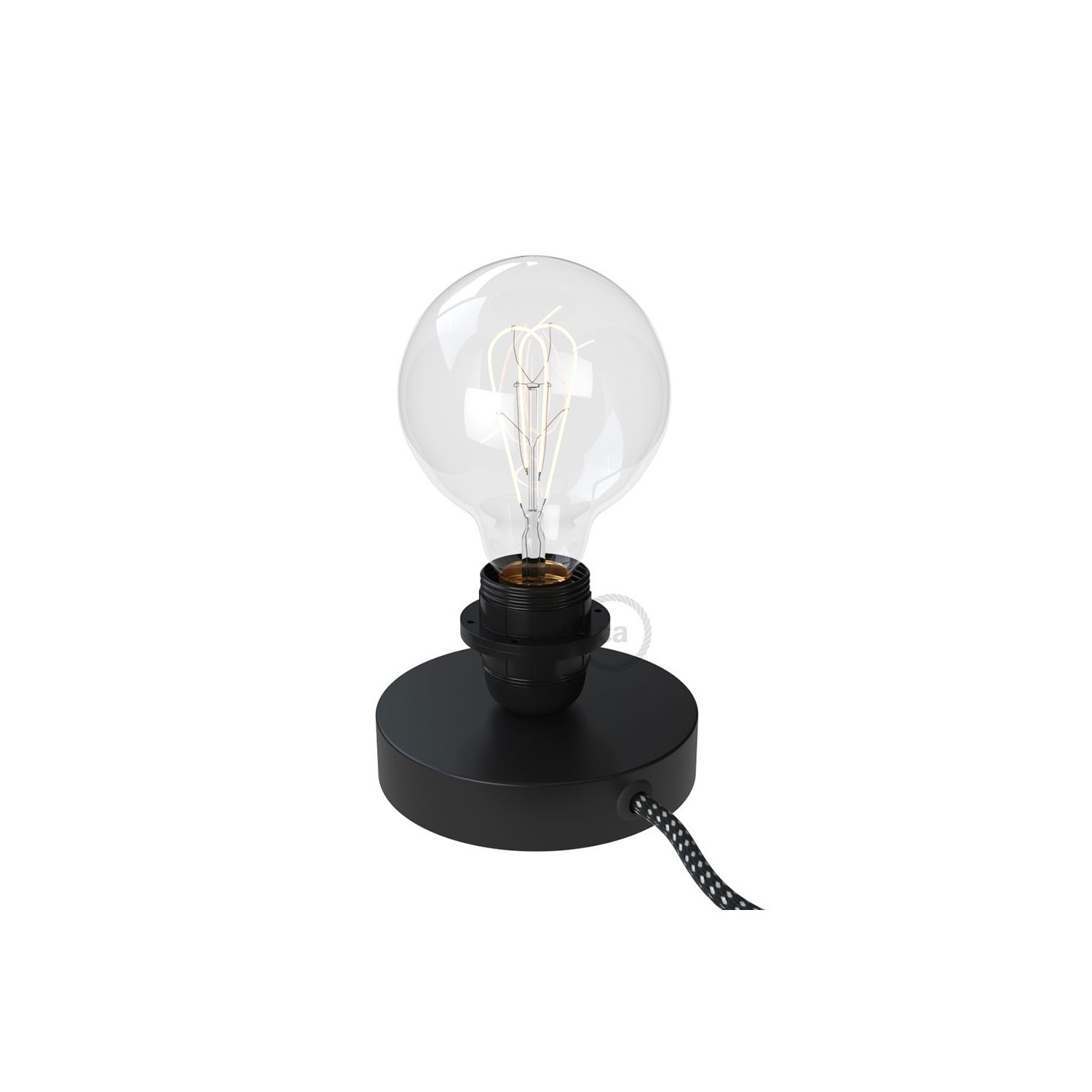 Posaluce, the black metal table lamp for lampshade, with textile cable, in-line switch and english plug