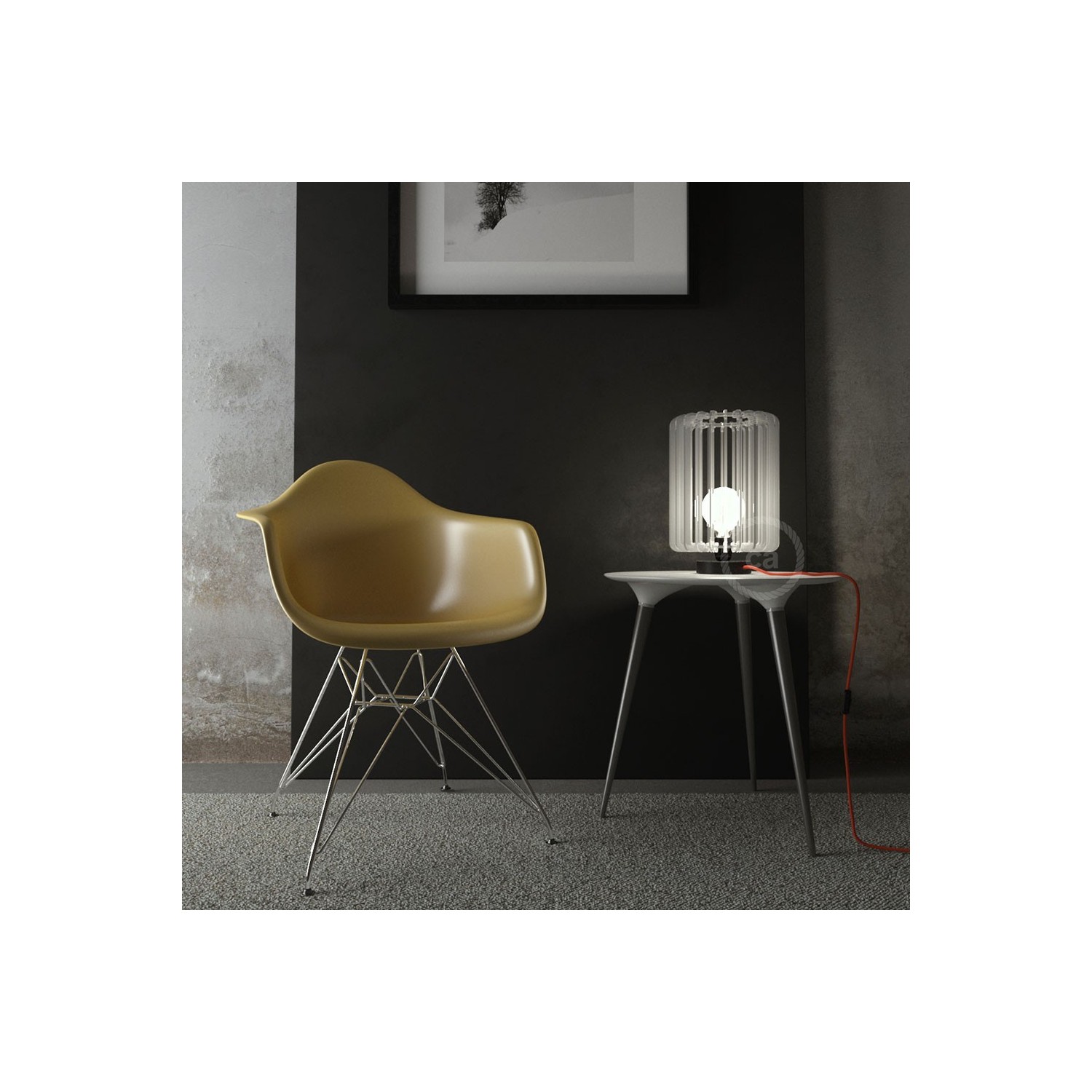 Posaluce, the black metal table lamp for lampshade, with textile cable, in-line switch and english plug