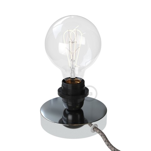 Posaluce, the chrome metal table lamp for lampshade, with textile cable, in-line switch and english plug