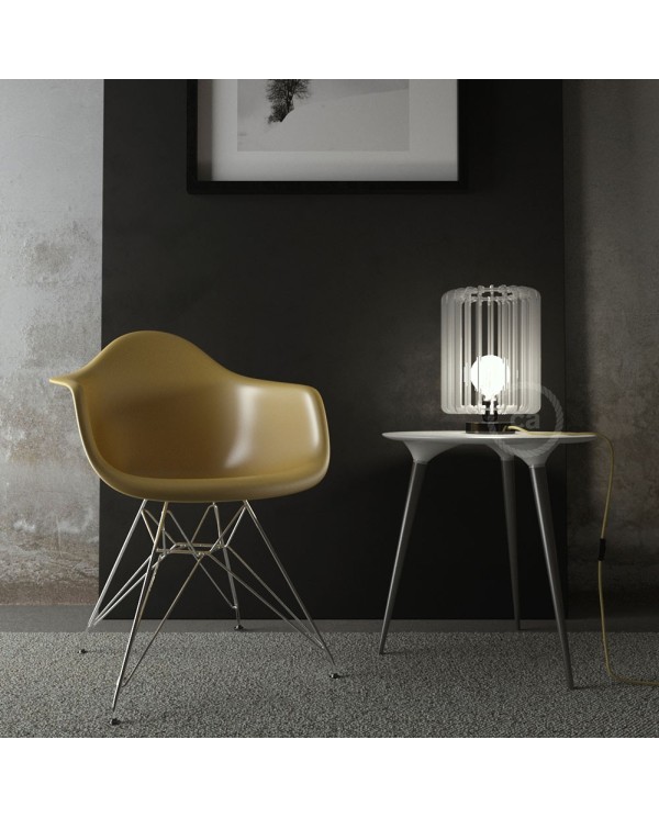 Posaluce, the black pearl metal table lamp for lampshade, with textile cable, in-line switch and english plug