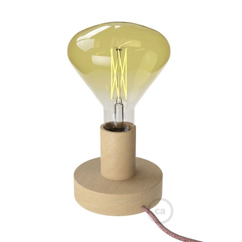 Posaluce Natural, the 9,7 cm natural wood table lamp, with textile cable, in-line switch and english plug