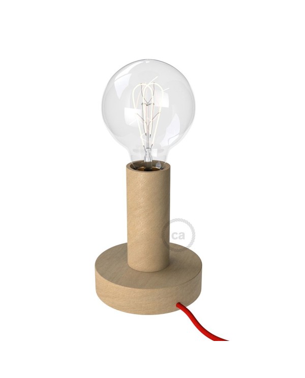 Posaluce Natural, the 14,2 cm natural wood table lamp, with textile cable, in-line switch and english plug