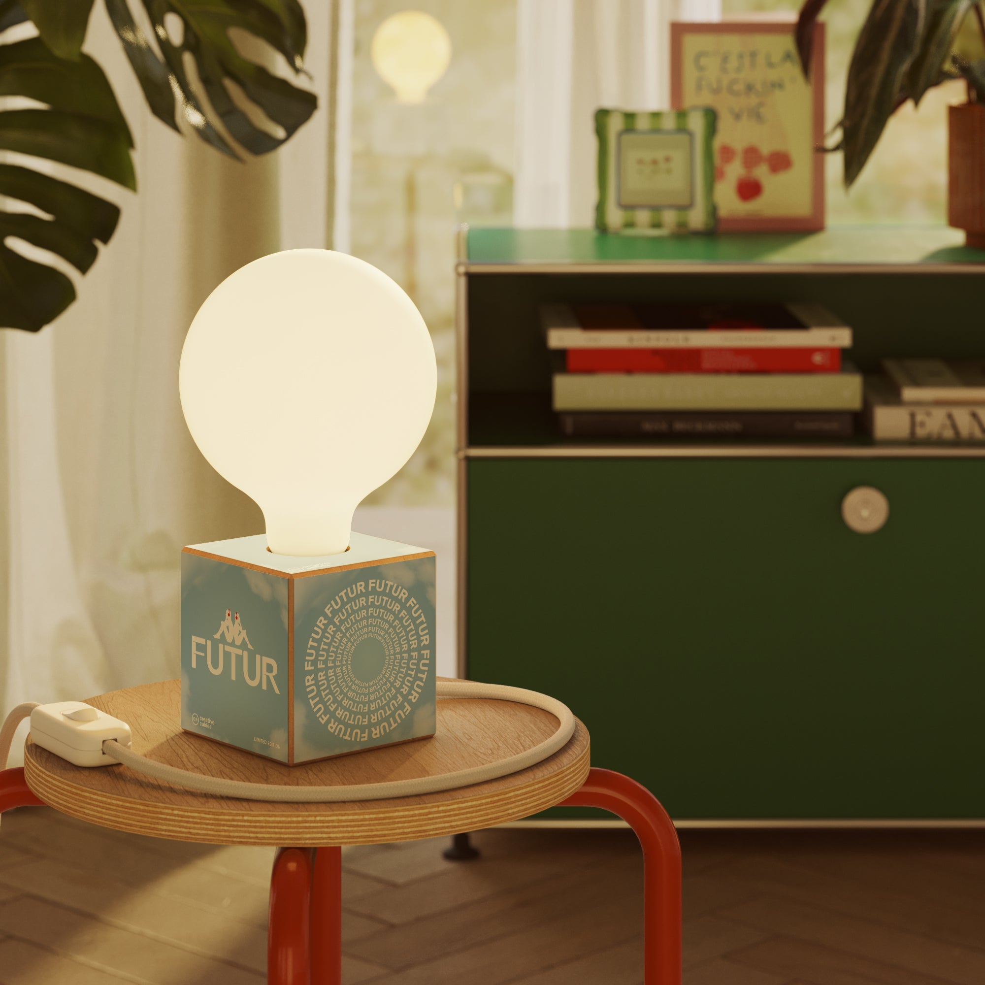 Cubetto table lamp "Futur" with English Plug and porcelain-effect globe Light bulb - Futur festival