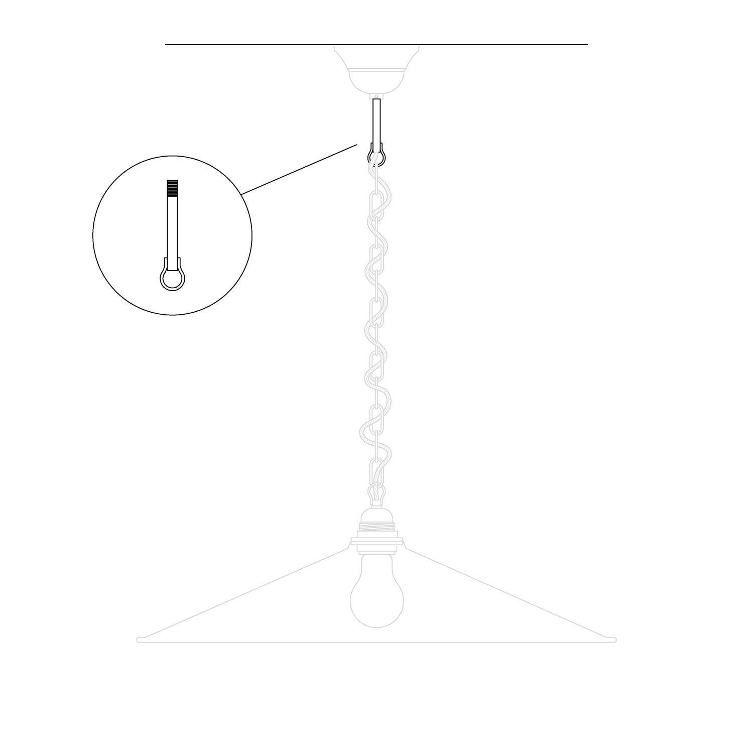 Threaded rod with welded hook for chain chandeliers - Length 85 mm (M10x1)