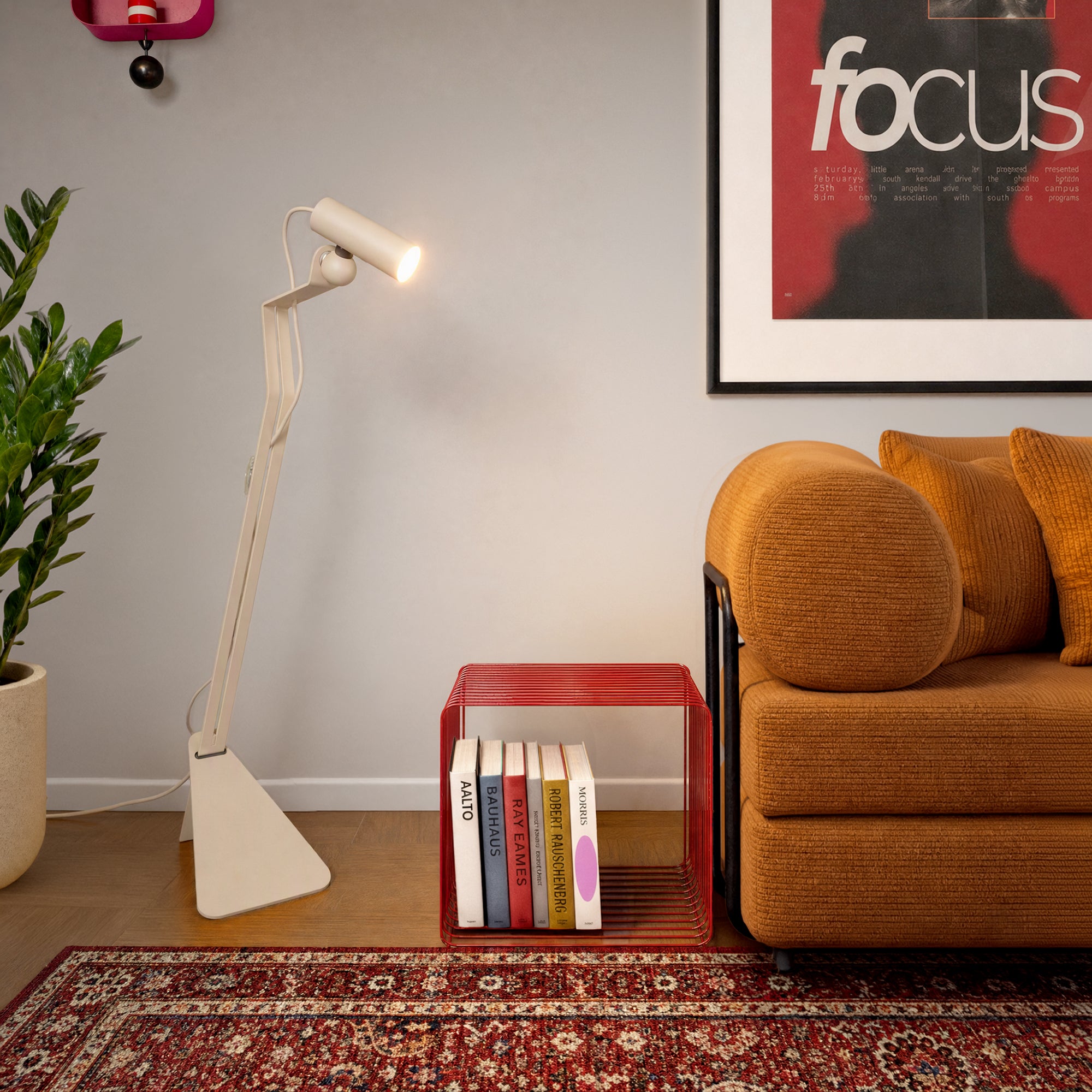 Tilting floor lamp with adjustable magnetic Spotlight and UK Plug - Mario Tubo - Cream