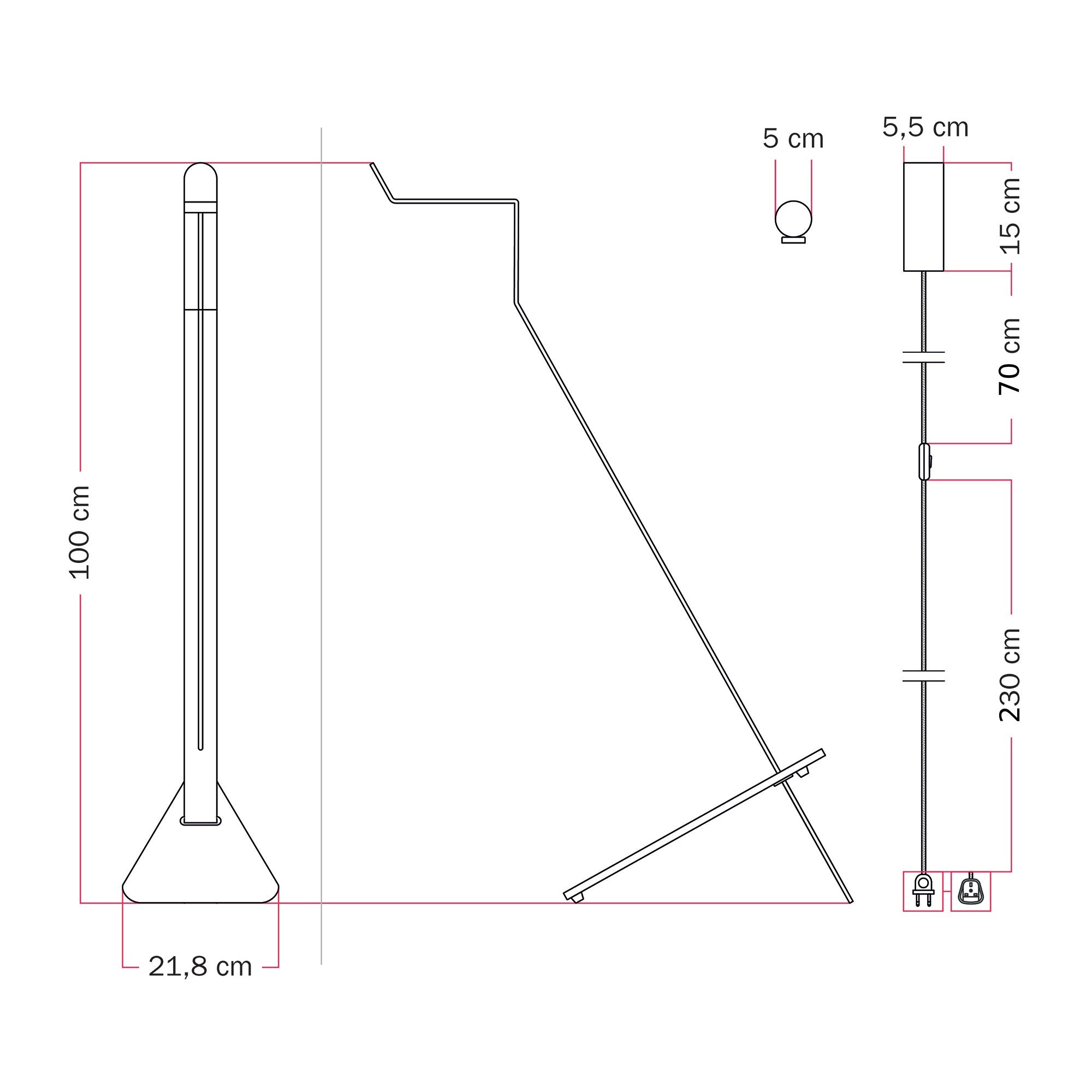 Lampada da terra inclinabile con faretto magnetico orientabile e spina UK - Mario Tubo - Rosso