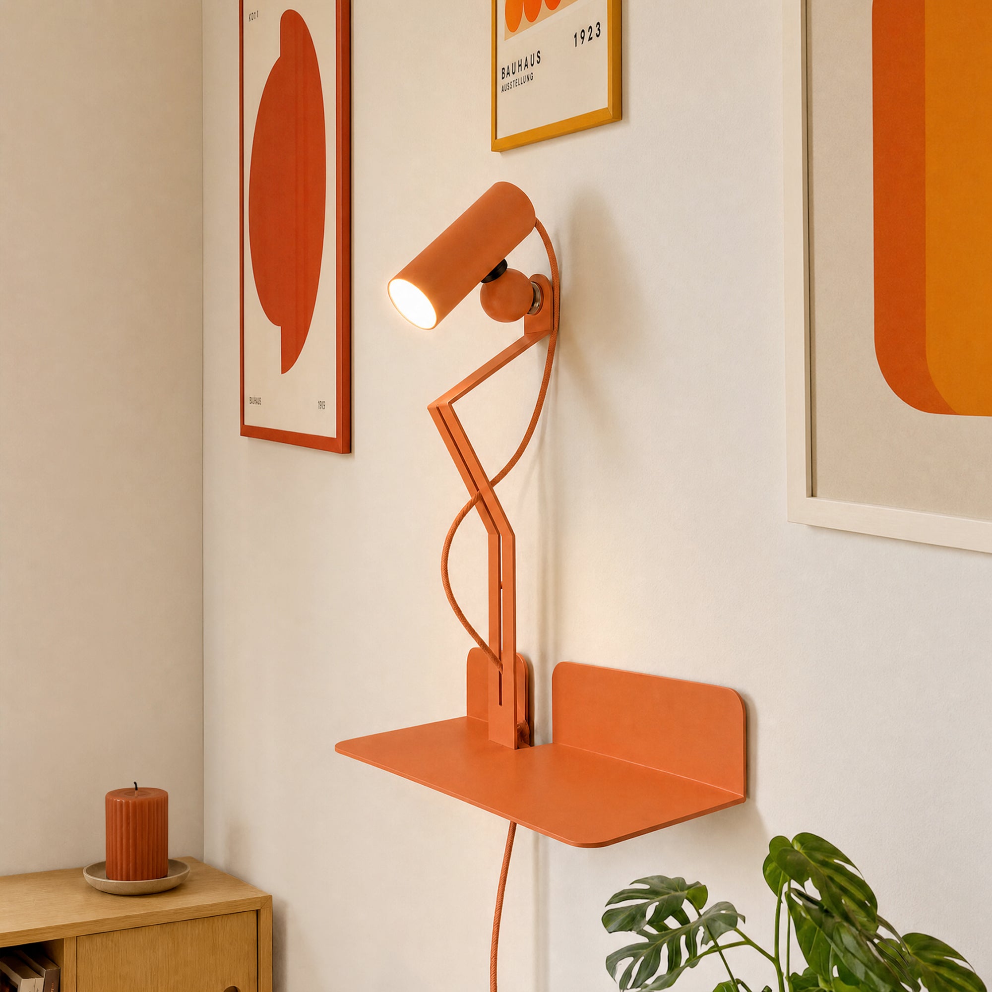 Wall lamp with shelf, adjustable magnetic Spotlight and UK Plug - Murio Tube - Orange