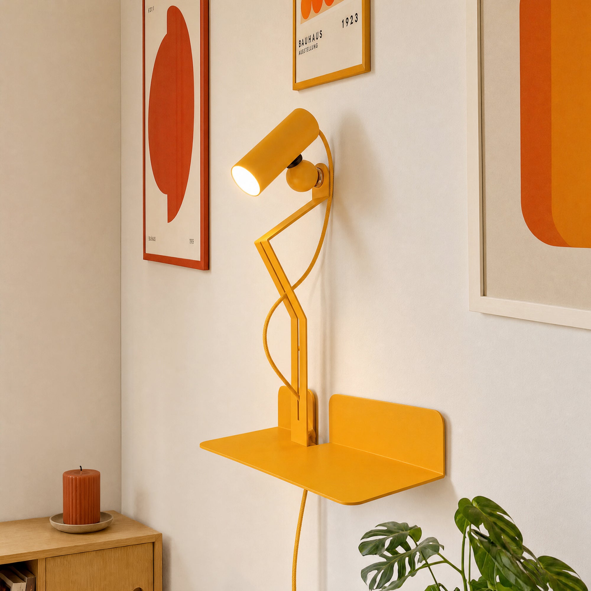 Wall lamp with shelf, adjustable magnetic Spotlight and UK Plug - Murio Tubo - Yellow