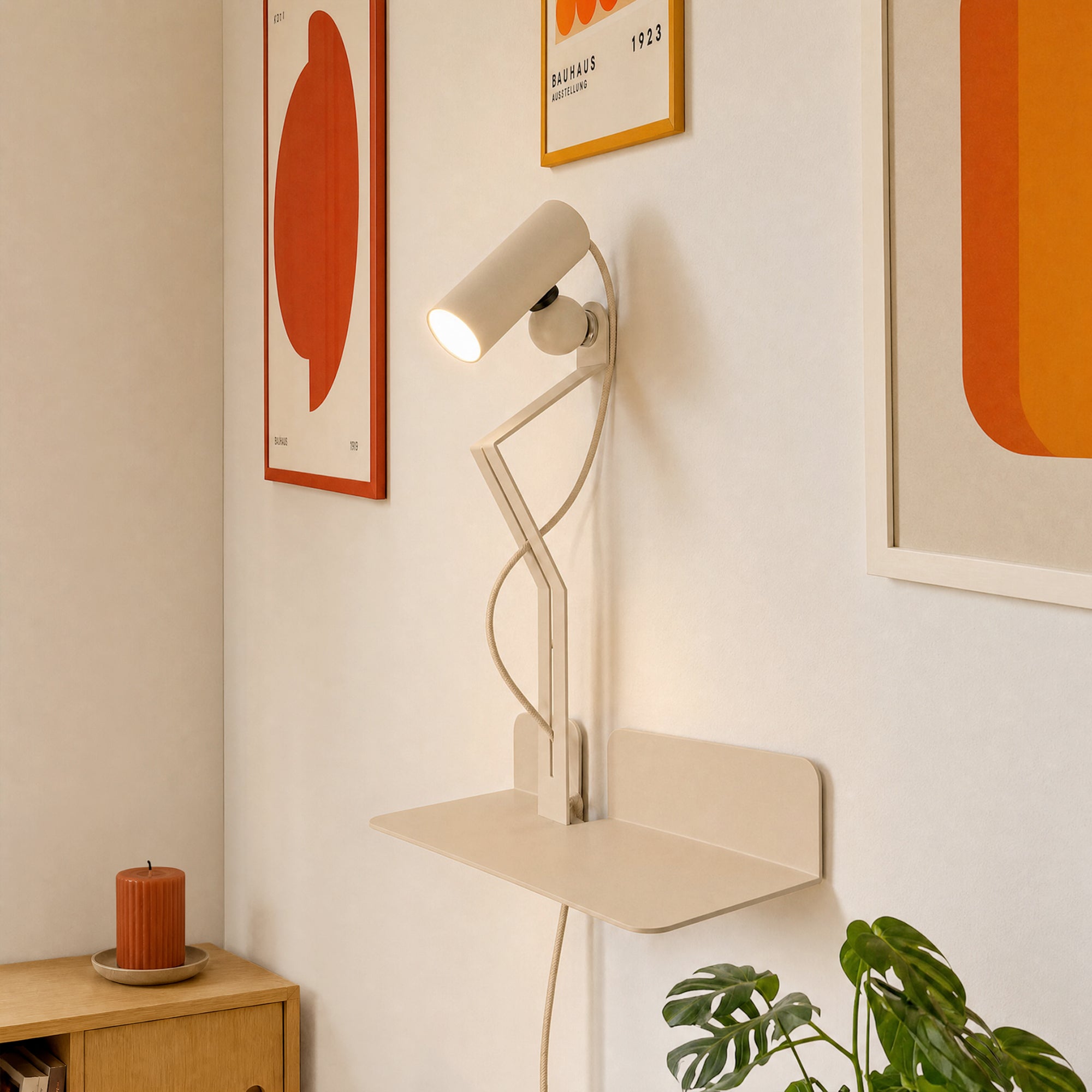 Wall lamp with shelf, adjustable magnetic Spotlight and UK Plug - Murio Tubo - Cream