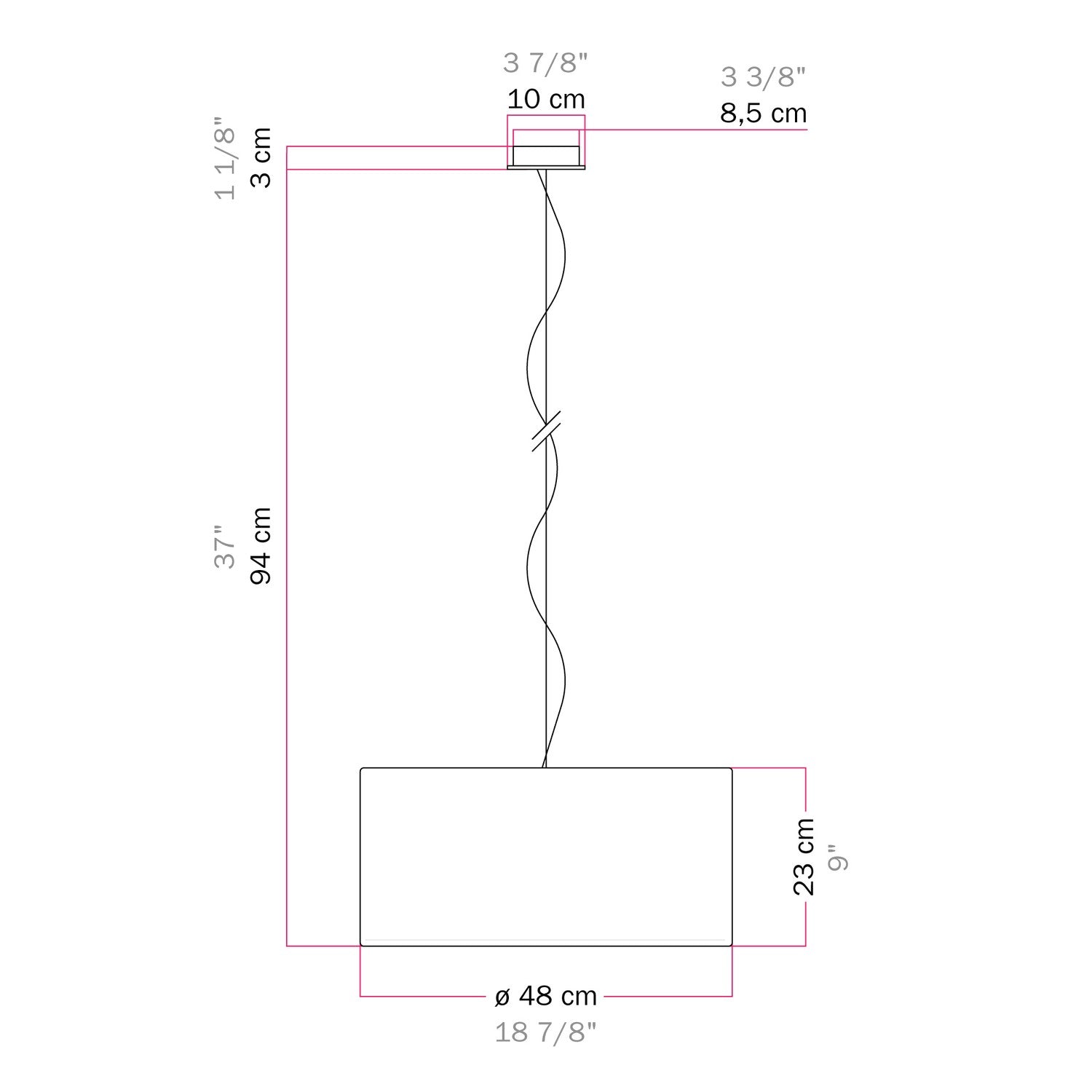 Lampada a sospensione con paralume in tessuto Cilindro Medium - Made in Italy - Teletta Grigio Scuro Si