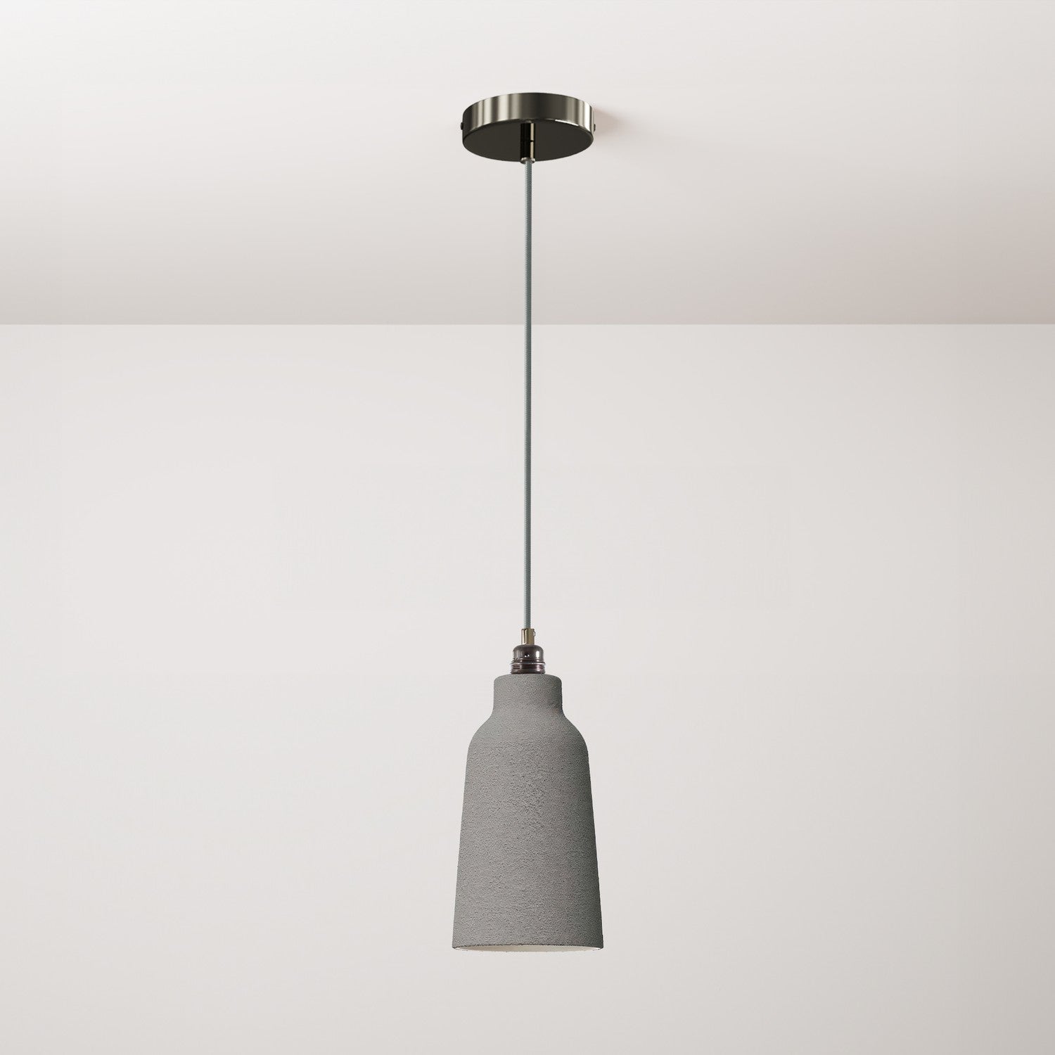 Lampada a sospensione completa di cavo tessile, paralume Bottiglia in ceramica e finiture in metallo - Effetto cemento