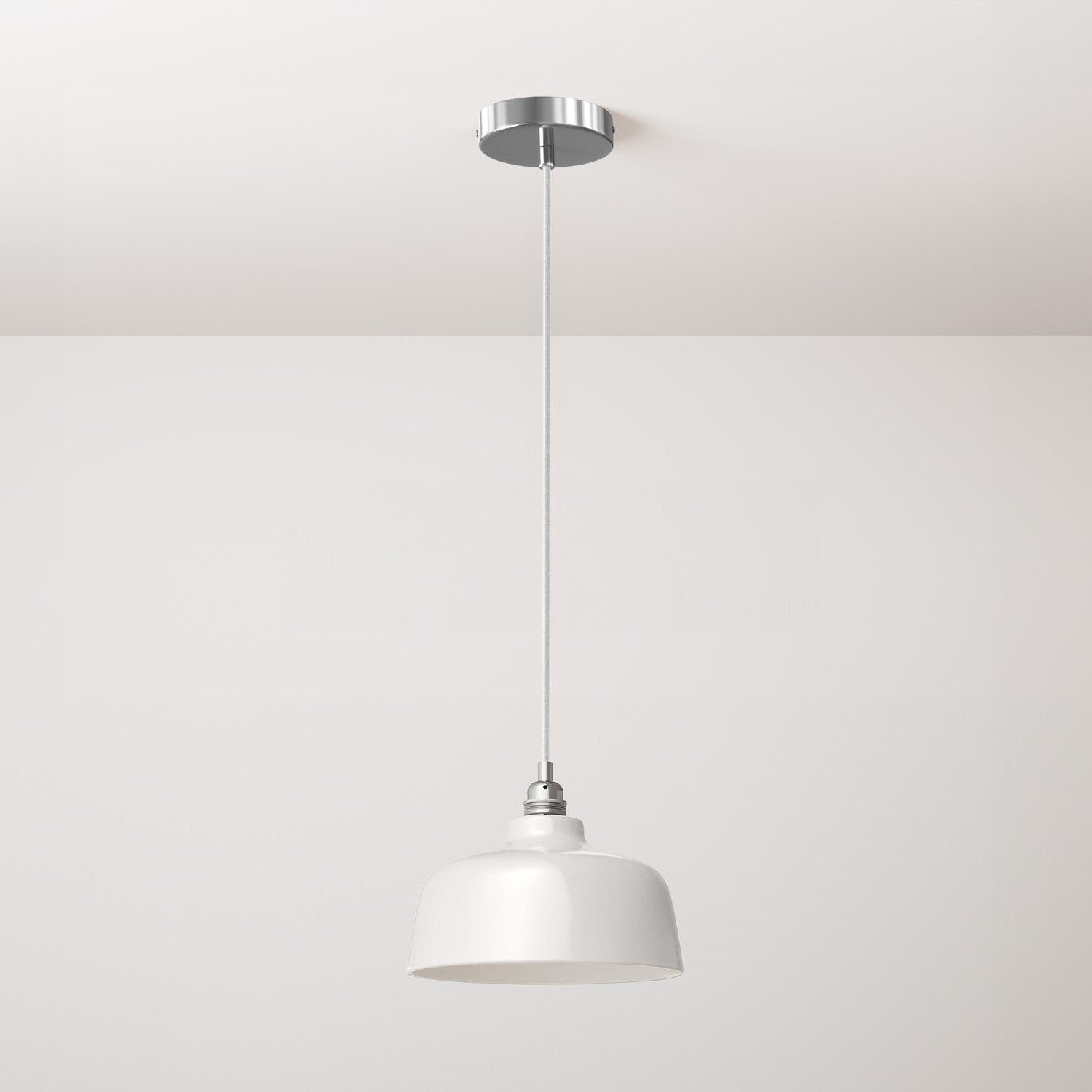 Lampada a sospensione completa di cavo tessile, paralume Coppa in ceramica e finiture in metallo - Bianco lucido