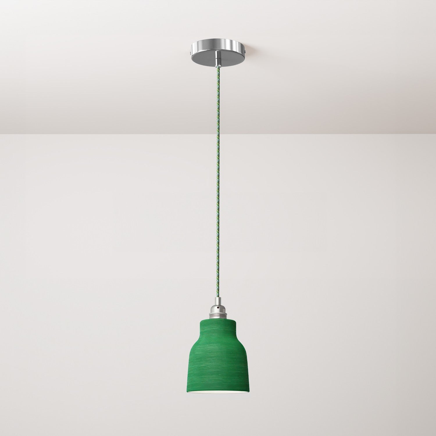 Lampada a sospensione completa di cavo tessile, paralume Vaso in ceramica e finiture in metallo - Evergreen striato