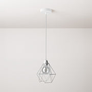 Lampada a sospensione completa di cavo tessile, paralume gabbia Diamond e finiture in metallo - Bianco